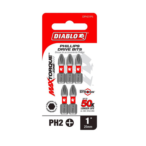 Diablo DPH21P5 Drive Bit, #2 Drive, Phillips Drive, 1/4 in Shank, Hex Shank, 1 in L