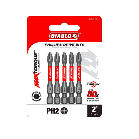 Diablo DPH22P5 Drive Bit, #2 Drive, Phillips Drive, 1/4 in Shank, Hex Shank, 2 in L