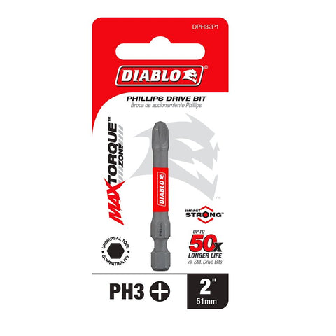 Diablo DPH32P1 Drive Bit, #3 Drive, Phillips Drive, 1/4 in Shank, Hex Shank, 2 in L