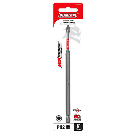 Diablo DPH26P1 Drive Bit, #2 Drive, Phillips Drive, 1/4 in Shank, Hex Shank, 6 in L
