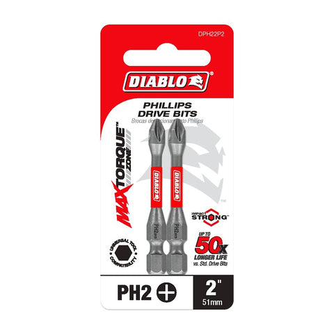 Diablo DPH22P2 Drive Bit, #2 Drive, Phillips Drive, 1/4 in Shank, Hex Shank, 2 in L