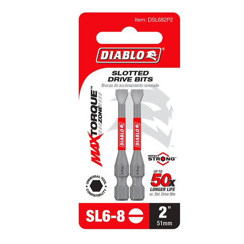 Diablo DSL682P2 Drive Bit, #6 to 8 Drive, Slotted Drive, 1/4 in Shank, Hex Shank, 2 in L