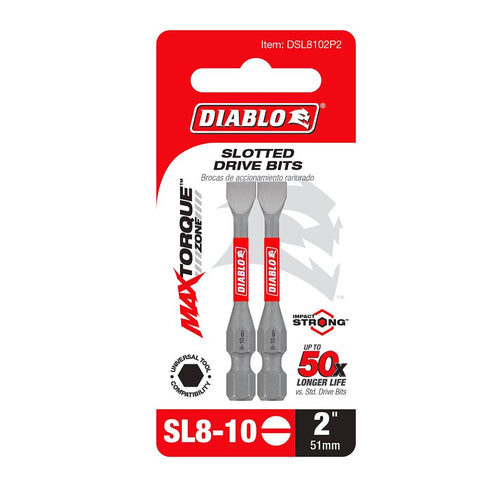 Diablo DSL8102P2 Drive Bit, #8 to 10 Drive, Slotted Drive, 1/4 in Shank, Hex Shank, 2 in L