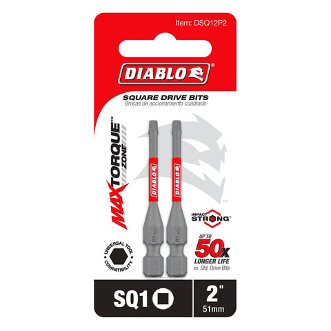 Diablo DSQ12P2 Drive Bit, #1 Drive, Square Drive, 1/4 in Shank, Hex Shank, 2 in L