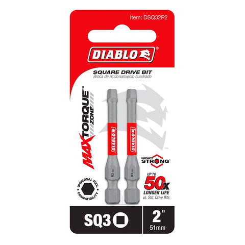 Diablo DSQ32P2 Drive Bit, #3 Drive, Square Drive, 1/4 in Shank, Hex Shank, 2 in L