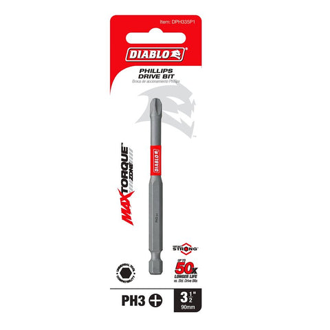 Diablo DPH335P1 Drive Bit, #3 Drive, Phillips Drive, 1/4 in Shank, Hex Shank, 3-1/2 in L