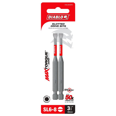 Diablo DSL6835P2 Drive Bit, #6 to 8 Drive, Slotted Drive, 1/4 in Shank, Hex Shank, 3-1/2 in L