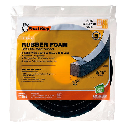 Frost King R930H Weatherseal Tape, 1/2 in W, 10 ft L, 9/16 in Thick, Rubber Foam, Black