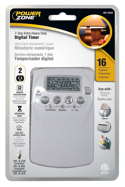 PowerZone TNDHD002 Timer, 15 A, 125 V, 1875 W, 2-Outlet, 7 days Time Setting, 16 On/Off Cycles Per Day Cycle