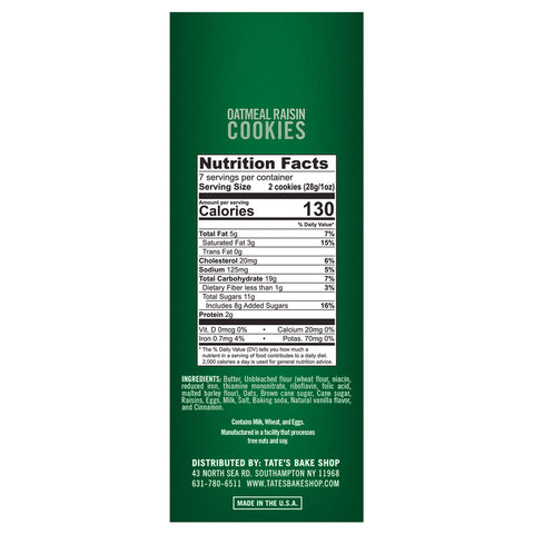 Tate's Bake Shop Oatmeal Raisin Cookies 7 oz Bagged, Pack of 6