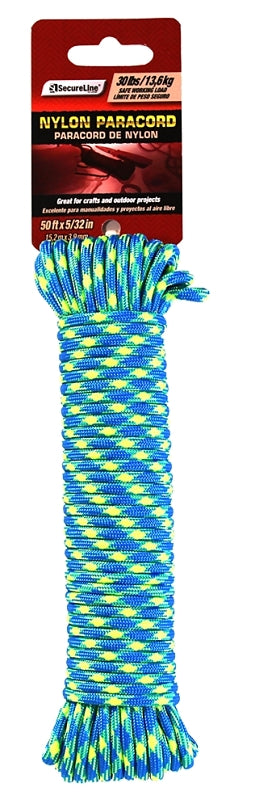 Lehigh NPC1503250BG Paracord, 5/32 in Dia, 50 ft L, 30 lb Working Load, Nylon, Blue/Yellow
