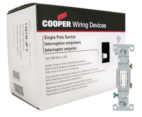 Eaton Wiring Devices 1301W-JP-C Toggle Switch, 15 A, 120 V, Polycarbonate Housing Material, White, Wall Mount