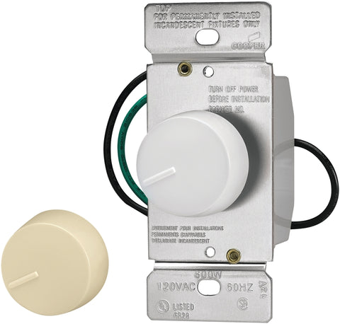 Eaton Wiring Devices RI06P-VW-K2-L Rotary Dimmer, 120 V, Incandescent Lamp, Ivory/White, 3-Way