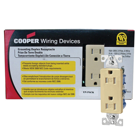 Eaton Wiring Devices TR1107V10 Duplex Receptacle, Nylon, Ivory, 2-Pole, 15 A, 125 V, Push-in, Side Wiring, 60 Hz
