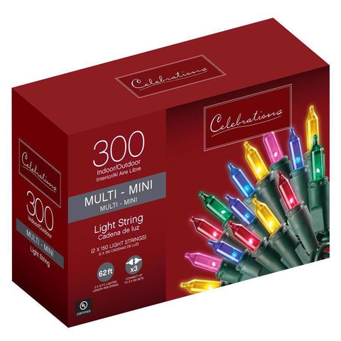 Celebrations Red Incandescent Mini Multicolored 300 ct String Christmas Lights 62 ft.