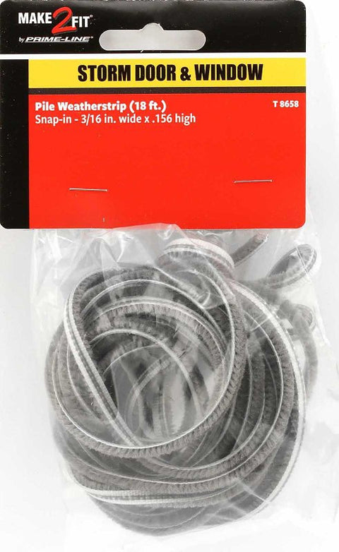 Prime-Line T 8658 Pile Weatherstrip, 3/16 in W, 18 ft L, Synthetic Fabric, Gray