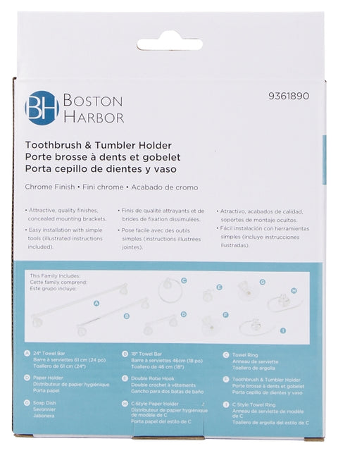 Boston Harbor L5057P-26-10-3L Toothbrush/Tumbler Holder, Acrylic/Zinc, Chrome, Wall Mounting