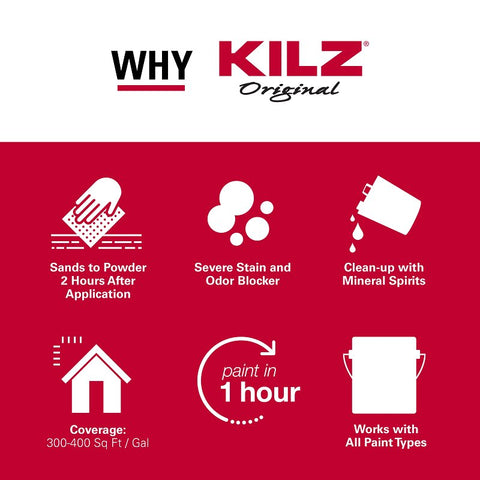 Kilz 10001 Primer, Oil Base, White, 1 gal, Can, Pack of 4