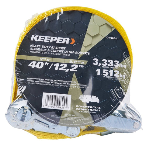 Keeper 04624 Tie-Down, 2 in W, 40 ft L, Polyester, Yellow, 3333 lb, J-Hook End Fitting, Steel End Fitting