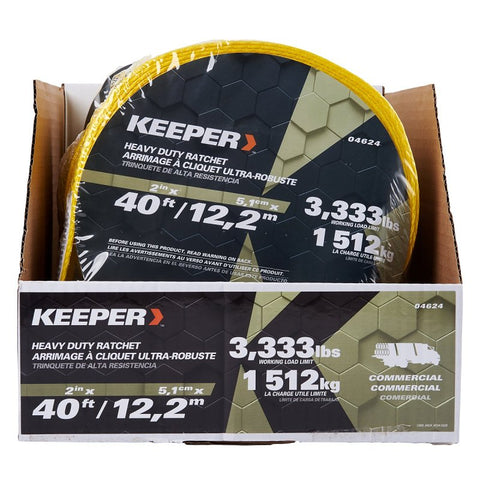 Keeper 04624 Tie-Down, 2 in W, 40 ft L, Polyester, Yellow, 3333 lb, J-Hook End Fitting, Steel End Fitting