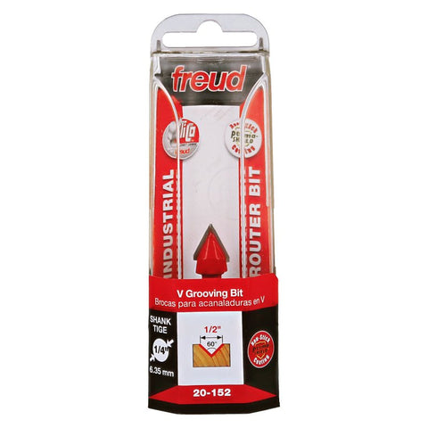 Freud 20-152 V-Grooving Bit, 1/2 in Dia Cutter, 1/2 in L Cutting, 2 in OAL, 1/4 in Dia Shank, 2-Cutter