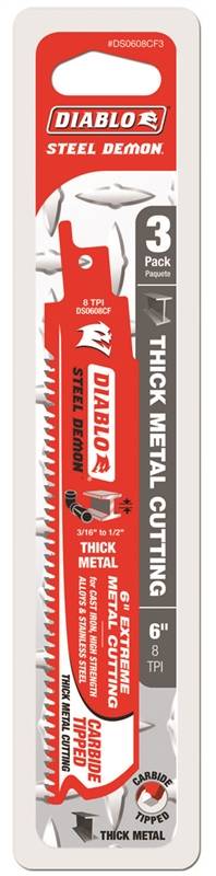 DIABLO DS0608CF3 Reciprocating Saw Blade, 8 TPI, 6 in L, Bi-Metal