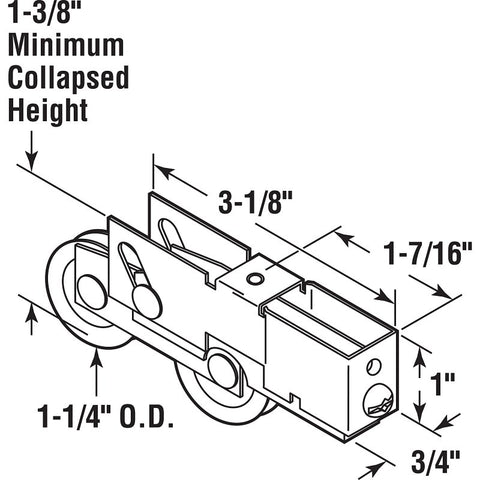 Prime-Line D 1808 Roller Assembly, 1-1/4 in Dia Roller, Steel, 2-Roller, Plain Back Mounting