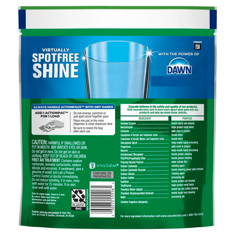 Cascade Complete ActionPacs 80857473 Dishwasher Detergent, 16 packs, 7.4 oz Bag, Fresh Scent