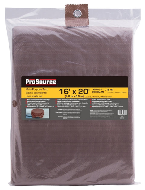 ProSource T1620BB90-BRN Tarpaulin, 20 ft L, 16 ft W, 5 mil Thick, Polyethylene, Brown