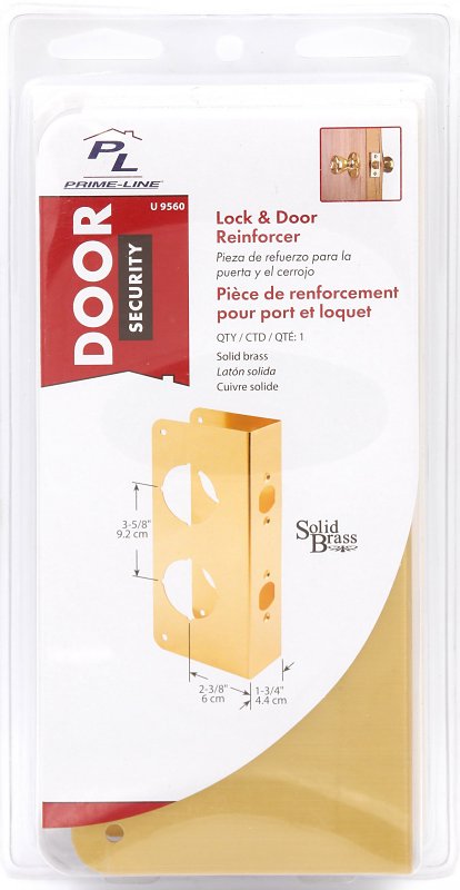 Prime-Line U 9560 Lock and Door Reinforcer, 2-3/8 in Backset, 1-3/4 in Thick Door, Brass, Bright Brass, 9 in H