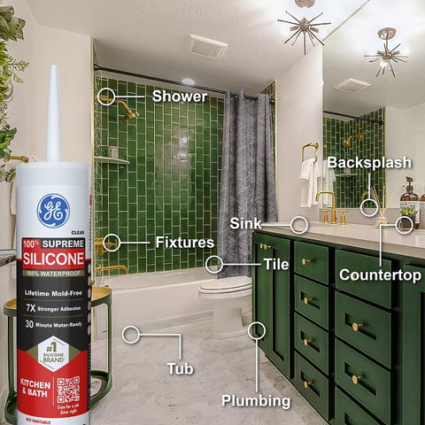 GE Supreme Silicone 2822051 Kitchen & Bath Sealant, Clear, 24 hr Curing, 10.1 fl-oz Cartridge, Pack of 12