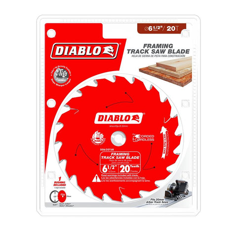 Diablo D0620TSR Track Saw Blade, 6-1/2 in Dia, 20 mm Arbor, 20-Teeth, Carbide Cutting Edge