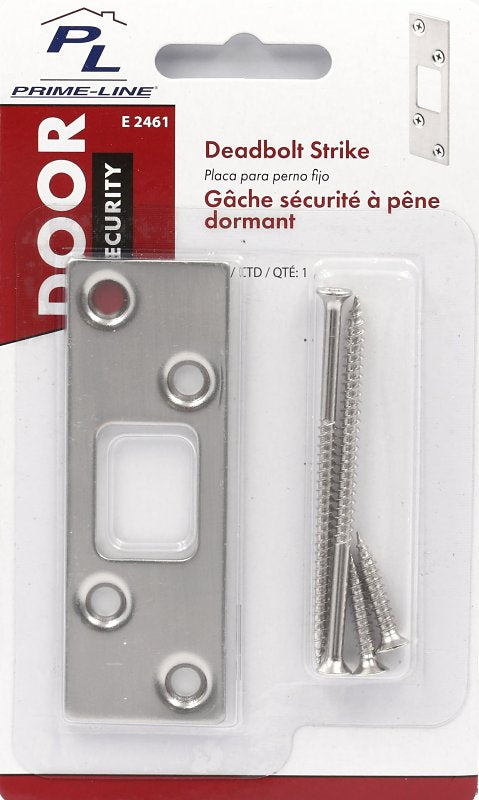 Defender Security E 2461 Deadbolt Strike Plate, 3-5/8 in L, 1-1/4 in W, Steel, Satin Nickel