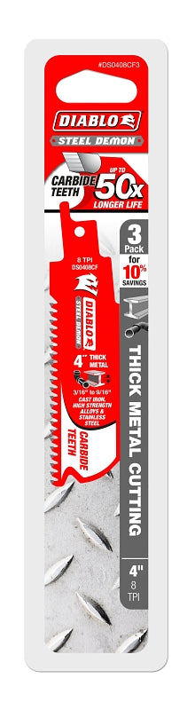 Diablo DS0408CF3 Reciprocating Saw Blade, 1 in W, 4 in L, 8 TPI, Carbide Cutting Edge