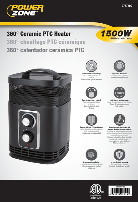 PowerZone PTC-156 Ceramic PTC Heater, 12.5 A, 120 V, 750 to 1500 W, 1500 W Heating, 2-Heating Stage, Black