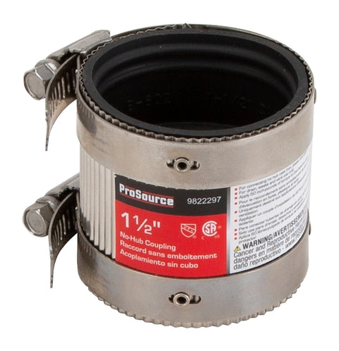 ProSource NHC-150 Coupling, 1-1/2 in, Cast Iron, Plastic and Steel Drain Pipes, Rubber/Stainless Steel