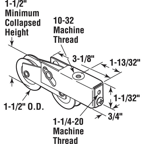 Prime-Line D 1754 Roller Assembly, 1-1/2 in Dia Roller, 5/16 in W Roller, Steel, 2-Roller, Plain Back Mounting