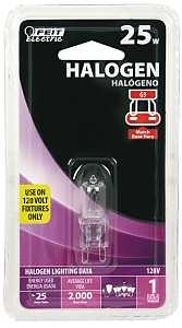 Feit Electric BPQ25/G9 Halogen Bulb, 1-3/4 in H Dimensions, 25 W, G9 Lamp Base, JCD T4 Lamp, 3000 K Color Temp