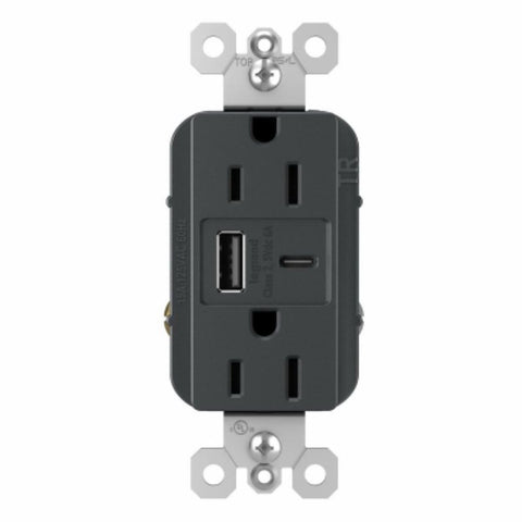 Legrand radiant Series R26USBAC6GCC4 USB Type A/C Outlet, 2 -Pole, 15 A, 125 V, 2 -USB Port, USB-A, USB-C USB