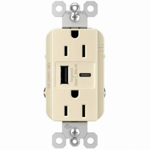 Legrand radiant R26USBAC6LACCV4 USB Outlet, 15 A, 125 V, Type A, C USB, NEMA: NEMA 5-15R, Light Almond