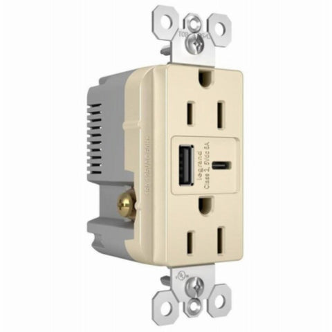 Legrand radiant R26USBAC6LACCV4 USB Outlet, 15 A, 125 V, Type A, C USB, NEMA: NEMA 5-15R, Light Almond