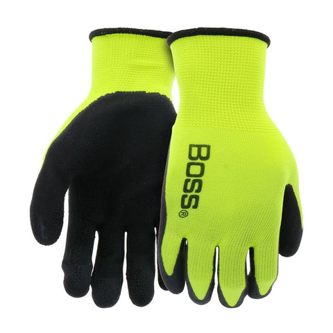 Boss Tactile Grip Series B31282-M Coated Gloves, M, Knit Wrist Cuff, Latex Coating, Polyester, Black/Hi-Viz Yellow