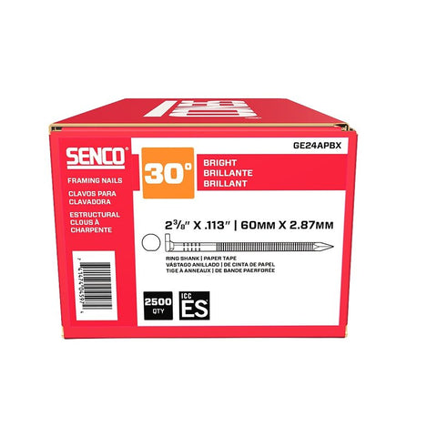 Senco GE24APBX Collated Nail, 2-3/8 in L, Steel, Bright Basic, Offset Full Round Head, Ring Shank