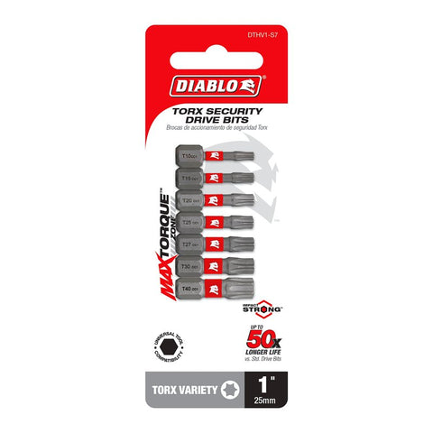 Diablo DTHV1-S7 Security Drive Bit, #10, #15, #20, #25, #27, #30, #40 Drive, Torx Drive, 1/4 in Shank, Hex Shank, 1 in L