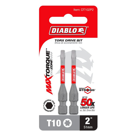 Diablo DT102P2 Drive Bit, #10 Drive, Torx Drive, 1/4 in Shank, Hex Shank, 2 in L