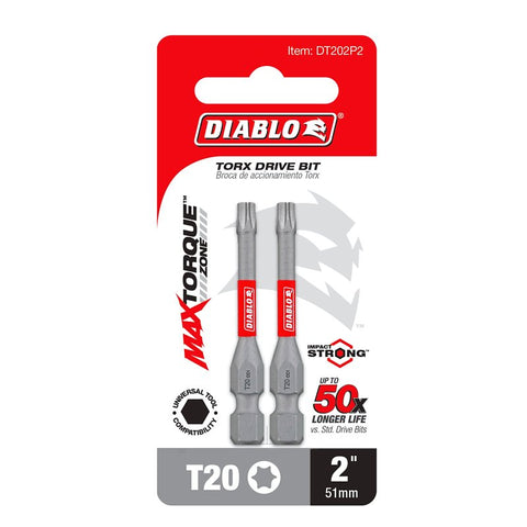 Diablo DT202P2 Drive Bit, #20 Drive, Torx Drive, 1/4 in Shank, Hex Shank, 2 in L