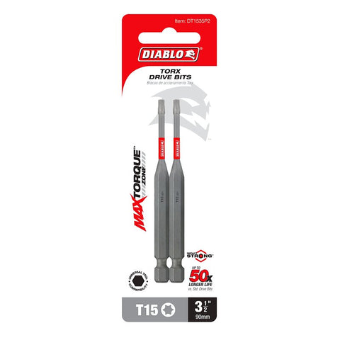 Diablo DT1535P2 Drive Bit, #15 Drive, Torx Drive, 1/4 in Shank, Hex Shank, 3-1/2 in L