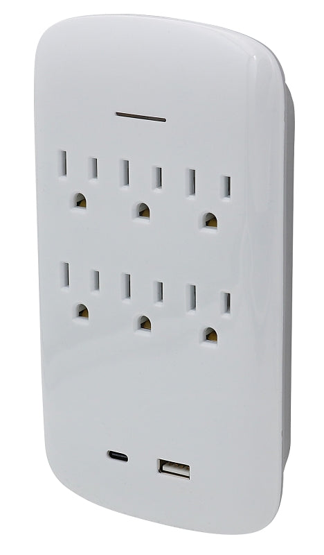 PowerZone ORPBSU072 Outlet Tap, 2.1 A, 1-USB Port, 6-Outlet, White