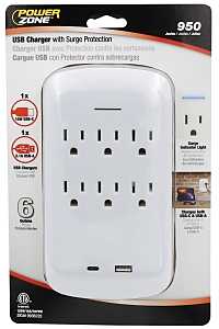 PowerZone ORPBSU072 Outlet Tap, 2.1 A, 1-USB Port, 6-Outlet, White