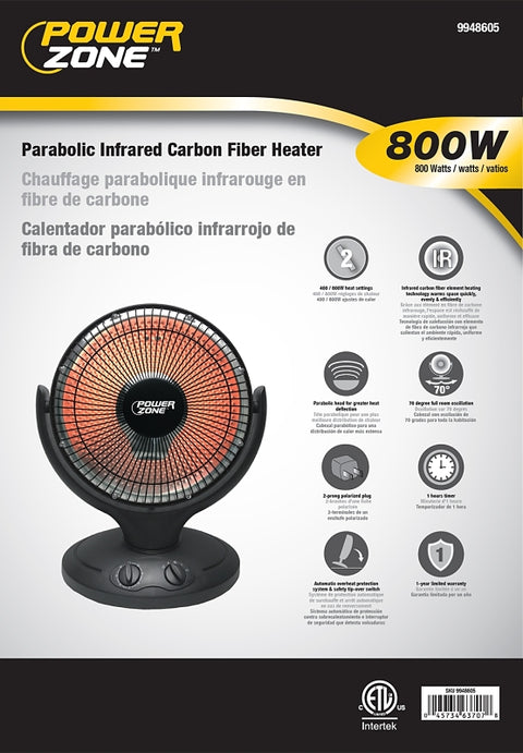 PowerZone QGW08-608 Parabolic Heater, 6.7 A, 120 V, 400, 800 W, 2-Heating Stage, Black